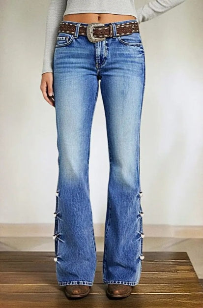 Flare Jeans Women Vintage Blue High Waist Side Detail Bootcut Denim Pants US Warehouse Stock