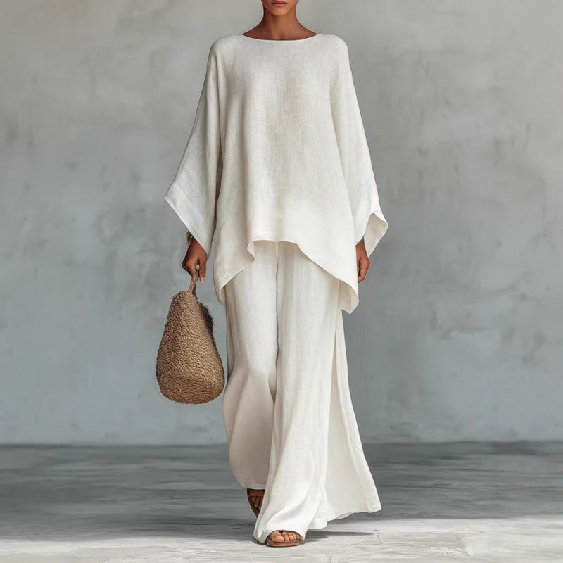 2026 European And American Autumn New Women's Simple Loose Linen Blended Shirt Wide Leg Pants Set